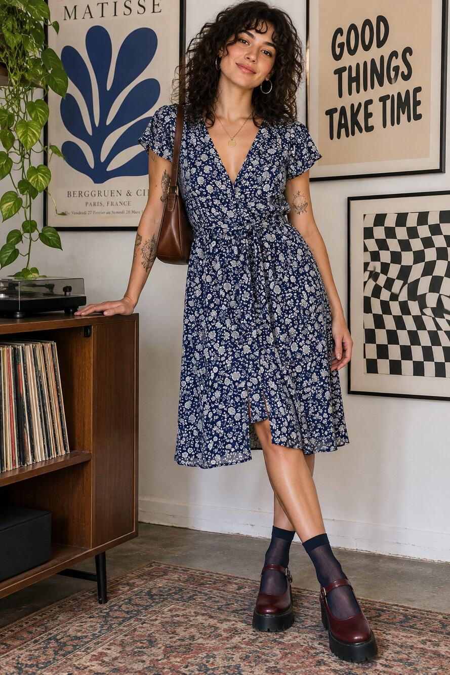 H&M Blue Floral Midi Dress Cottagecore Elastic Waist Size 8